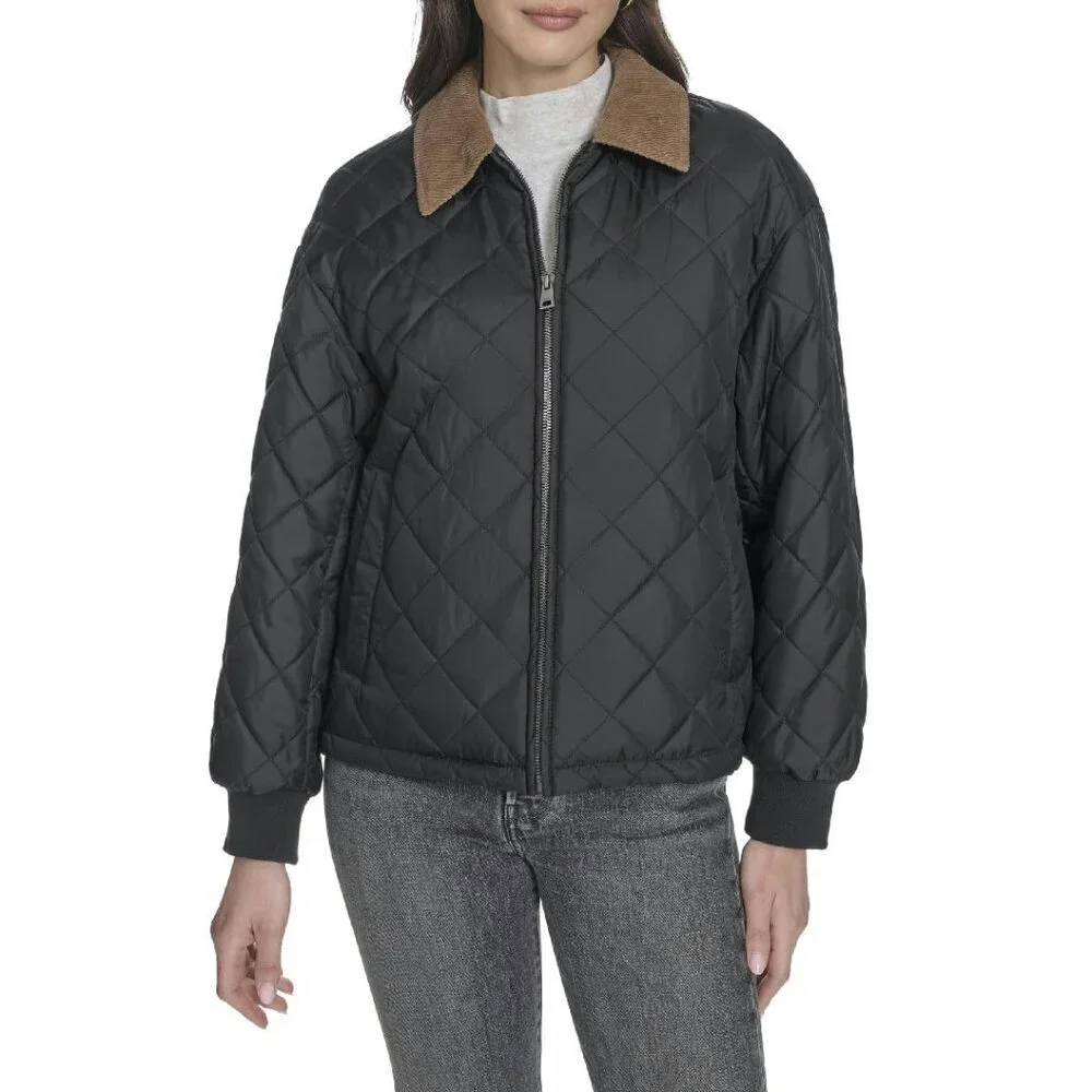 Quilted Diamond Jacket Corduroy Collar Rib Cuffs Zip Front